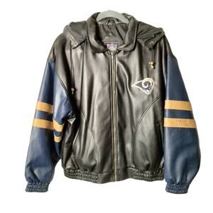 Signed St Louis Rams Sz XL Game Day Faux Leather Coat Removable Hood NFL